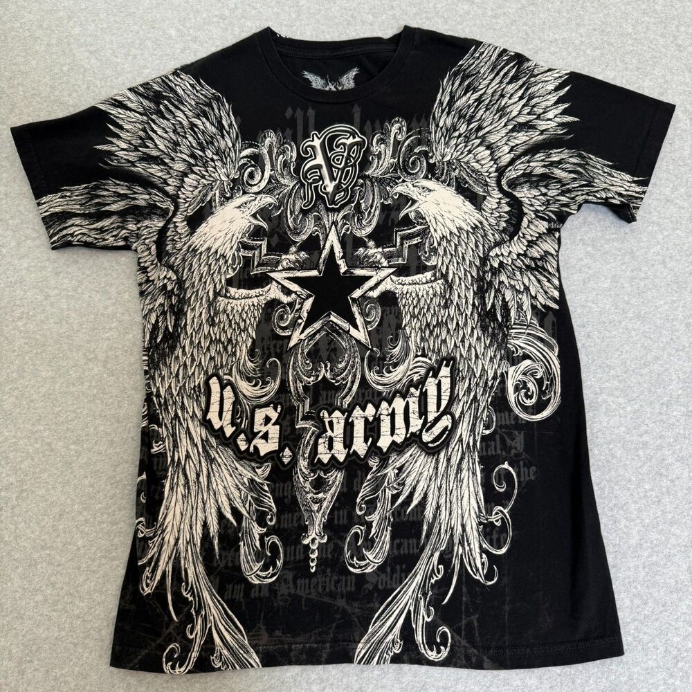 Y2K All Over Print T-Shirt US Army Black Streetwear Eagles Usa Size M